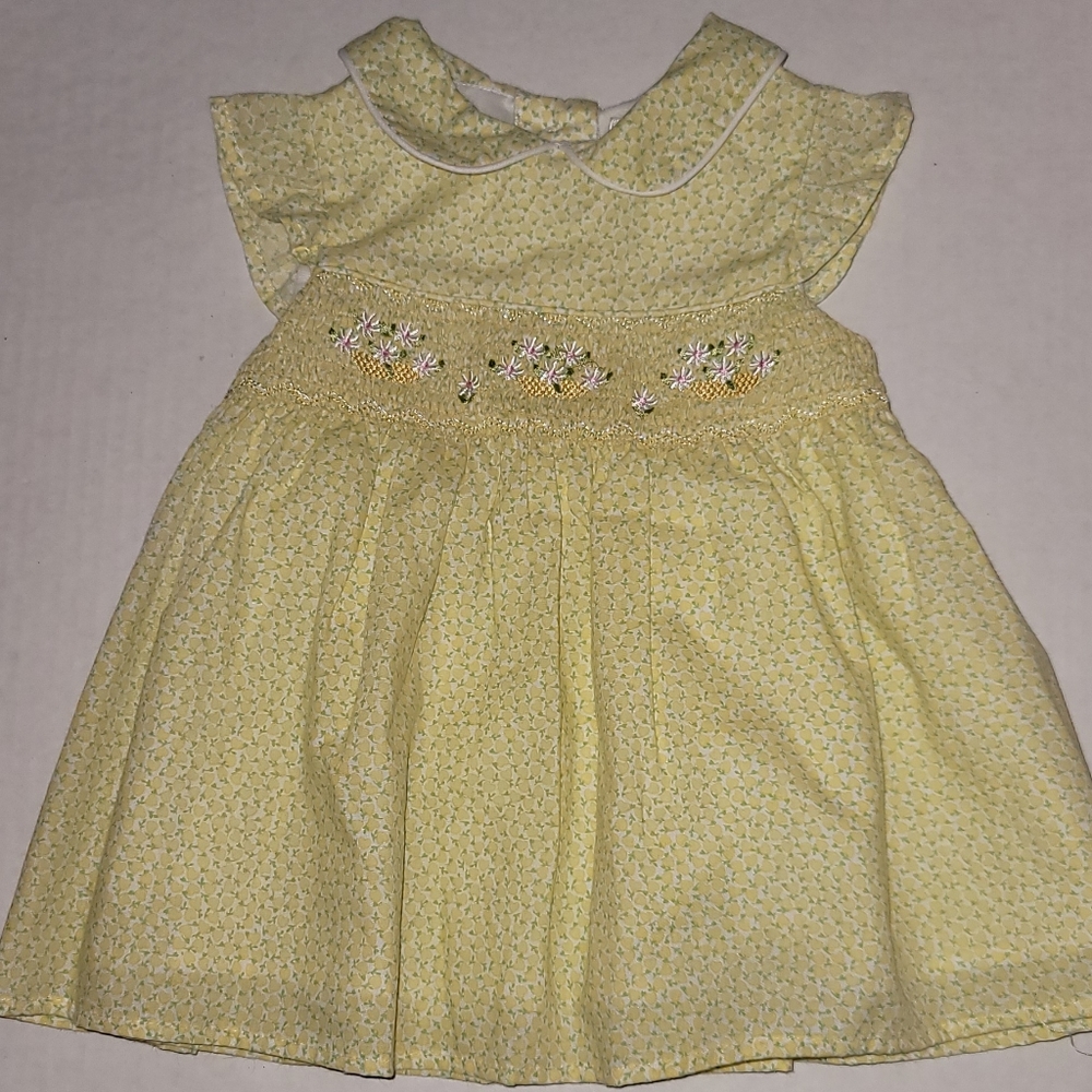 Smocked Floral Dress yellow white lining decorative button shorts 2 piece Flower